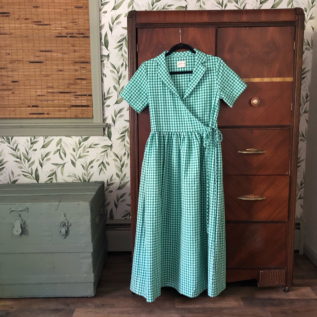 Offon Seersucker Green Gingham Wrap Midi Dress
